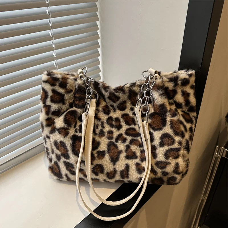 National Style Simple Women Leopard Tote Bag Lady Luxury Fluffy Shoulder Bag Chain Large Capacity Commuter Handle Bag_6