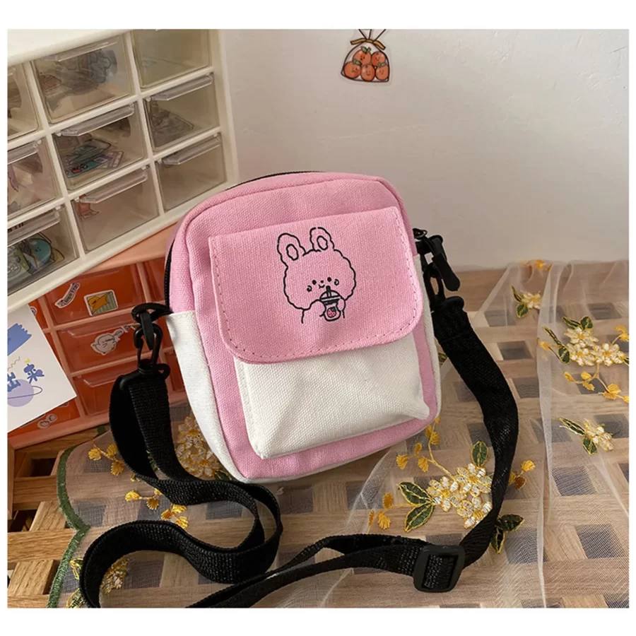 Women's Canvas Crossbody Bags Small Cartoon Rabbit Printed Messenger Bag Fashion Casual Handbag for Girl Students Zipper Purse_5