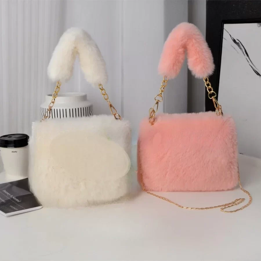 Fashion Women Fluffy Shoulder Bags Female Winter Chain Underarm Bag Solid Color Handbag Soft Plush Handle Bag_4