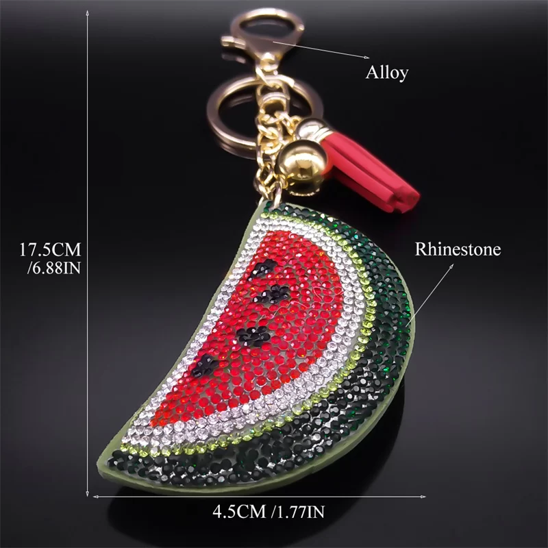 Kawaii Watermelon Full Crystal Key Chain Women Men Alloy Leather Gold Color Fruit Keyring Bag Car Accessories Jewelry K5100S05_6