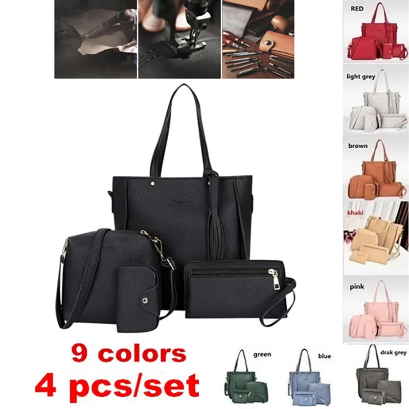 4pcs/set Ladies Leather Bag Set Polyester Shoulder Bag Handbag Messenger Bag Set 9 Colors_5