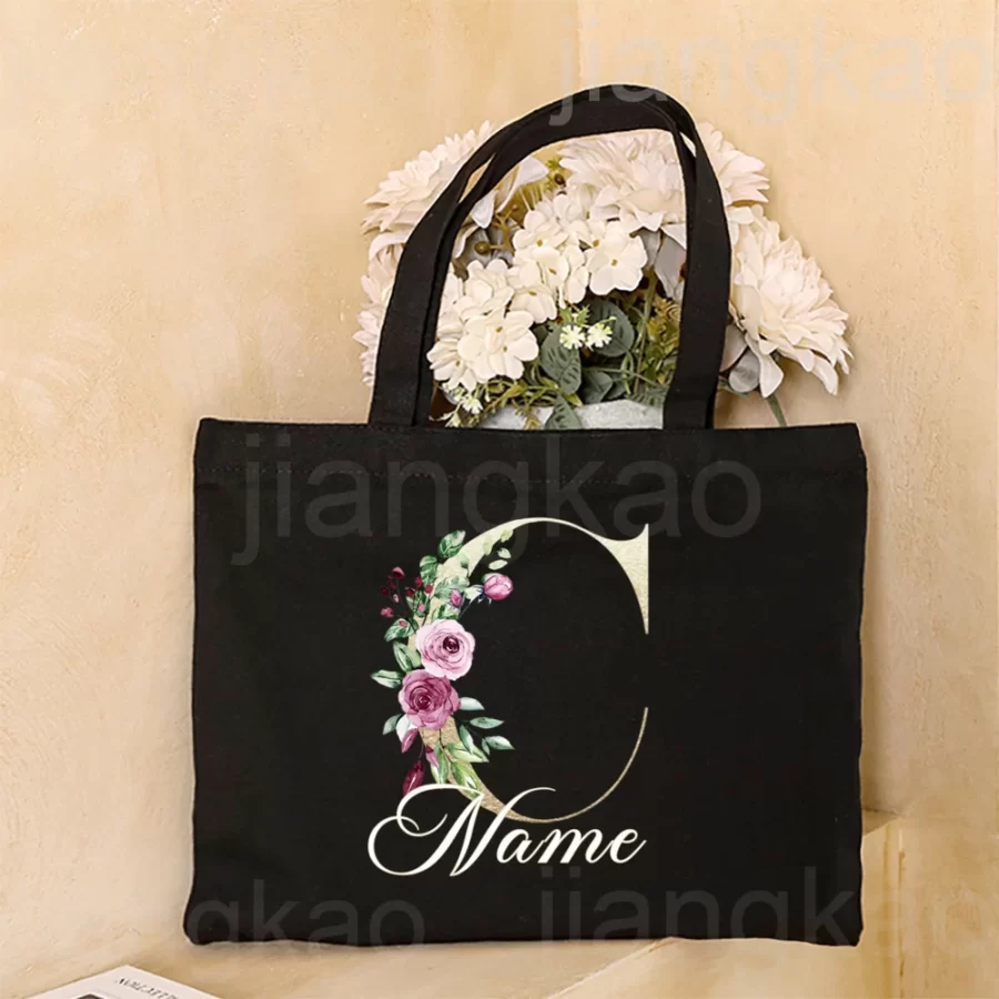 Personalized Initial with Name Tote Bag Women Canvas Shoulder Bags Monogram Shopping Bag Handbags Birthday Wedding Gifts for Her_8