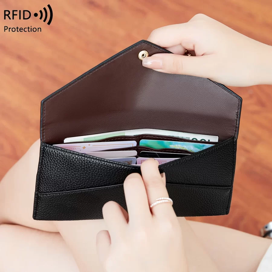 RFID Anti-Theft Purse for Women, Lychee Print, Soft Leather, Envelope Long Wallet, Ultra-thin, Portable, Simple Hand Bag_3