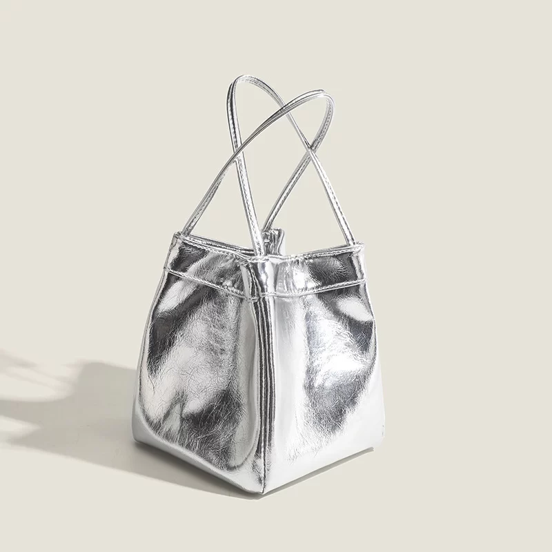 Silver bucket bag for women 2024 new fashionable and simple lunch box bag, niche western-style texture hand-held small bag_1