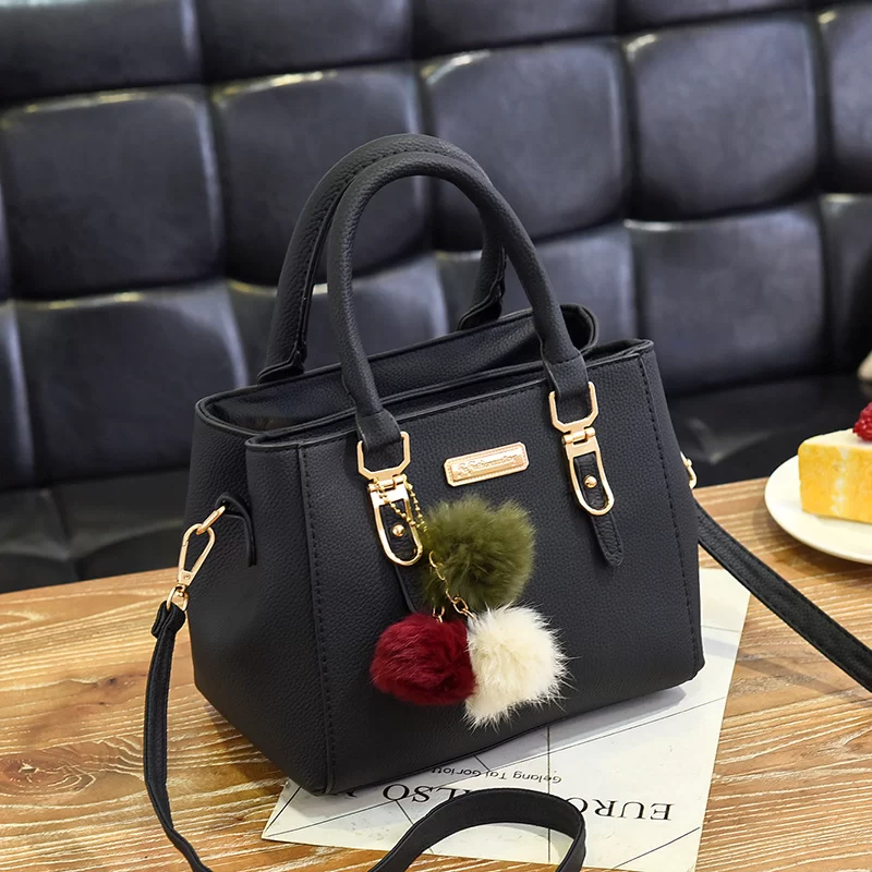 1PC Black Women Handbag Large Capacity PU Leather Lady Shoulder Bag Messenger Bag With Hairball Travel Bag Fashion High Quality_9