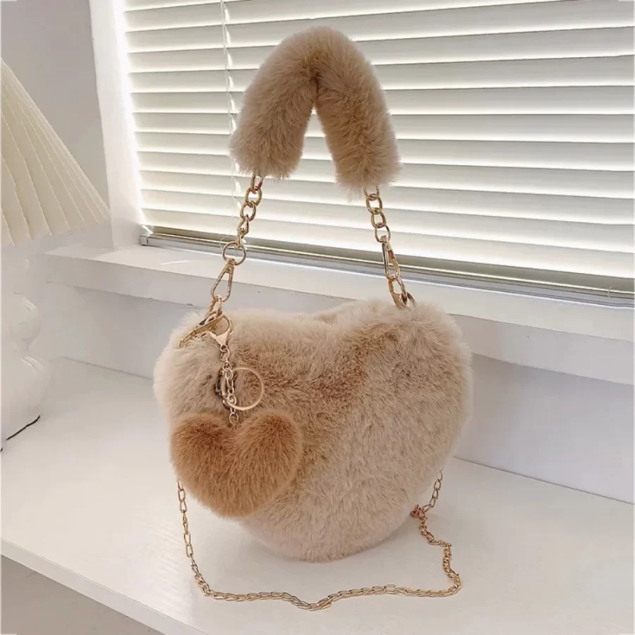 Faux Fur Heart-shaped Women Small Handbags Fluffy Plush Ladies Chain Shoulder Bag Fashion Female Furry Daily Clutch Purse_5