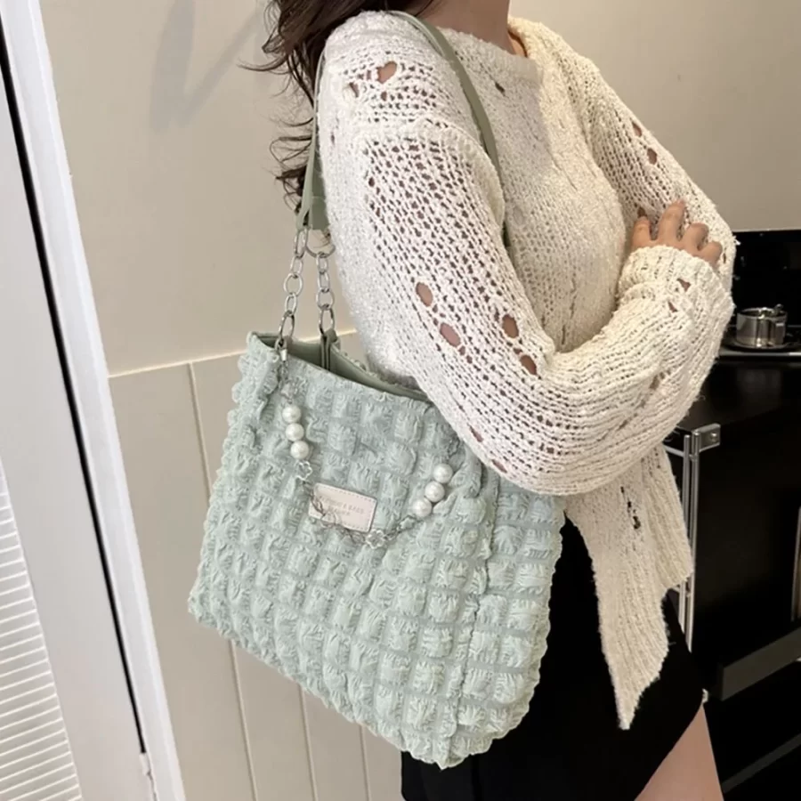 Large Capacity Ladies Tote Bag Fashion Plaid Women's Beaded Chain Shoulder Bags Soft Fabric Commuter Female Handbags Purse_4