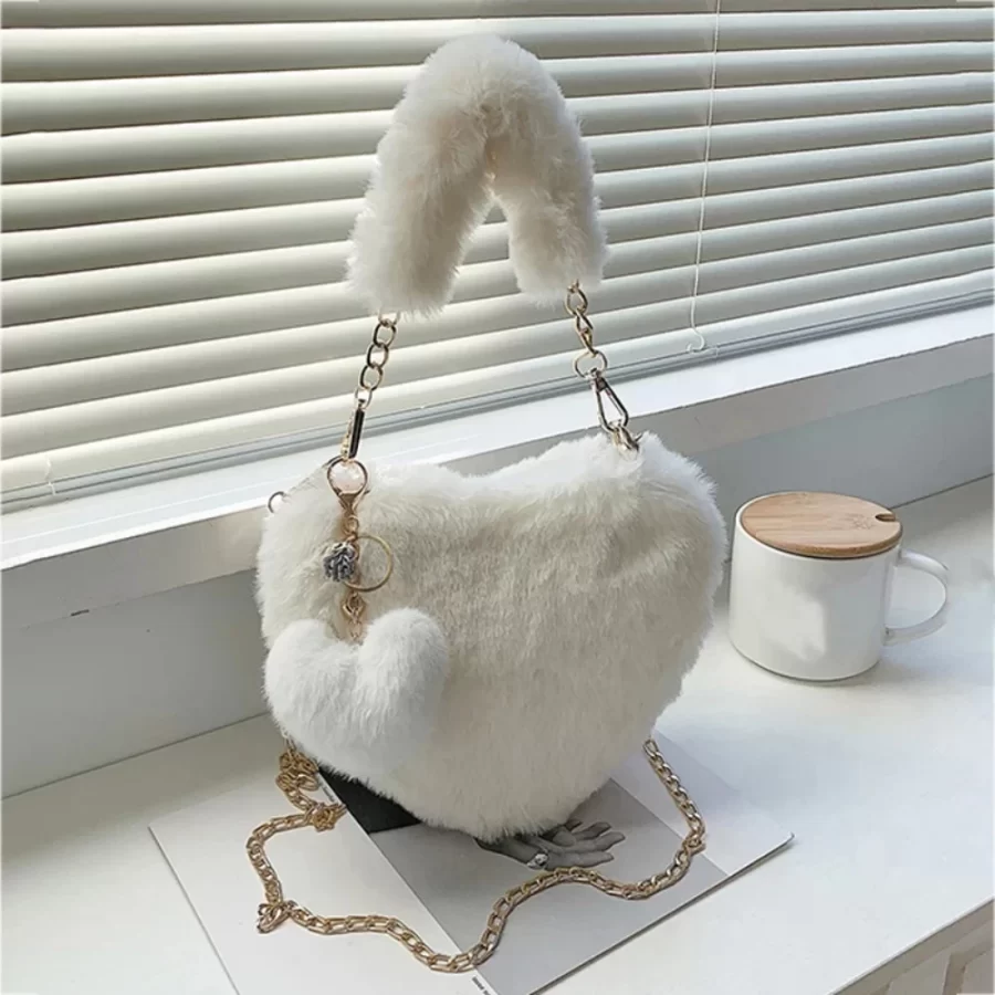 Faux Fur Heart-shaped Women Small Handbags Fluffy Plush Ladies Chain Shoulder Bag Fashion Female Furry Daily Clutch Purse_1