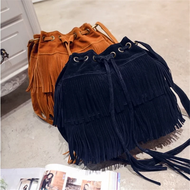 Fashion Retro Faux Suede Fringe Women Messenger Bags Tote New Handbag Tassel Shoulder Handbags Crossbody Bag Tassel Bucket_5