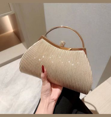 Pleated Evening Handbag Women Top Handle Glitter Day Clutch Ladies Wedding Dinner Dressed Clip Bag Diamond Party Purse Gold