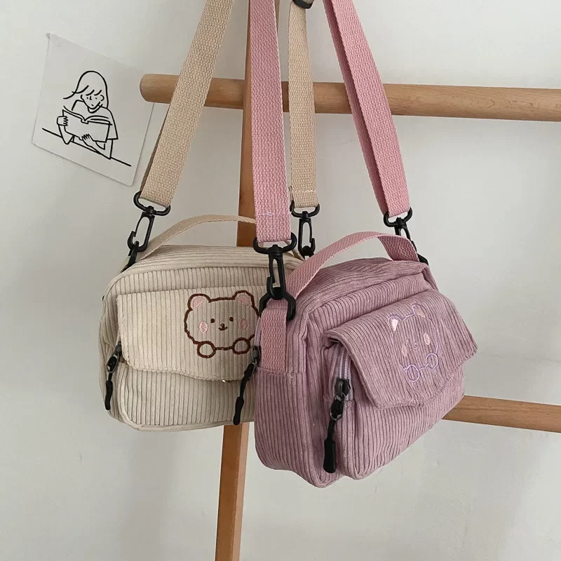 2024 New Fashion Women Corduroy Cartoon Bear Print Shoulder Bags Student Tote Messenger Bag Satchel Travel Handbags_5