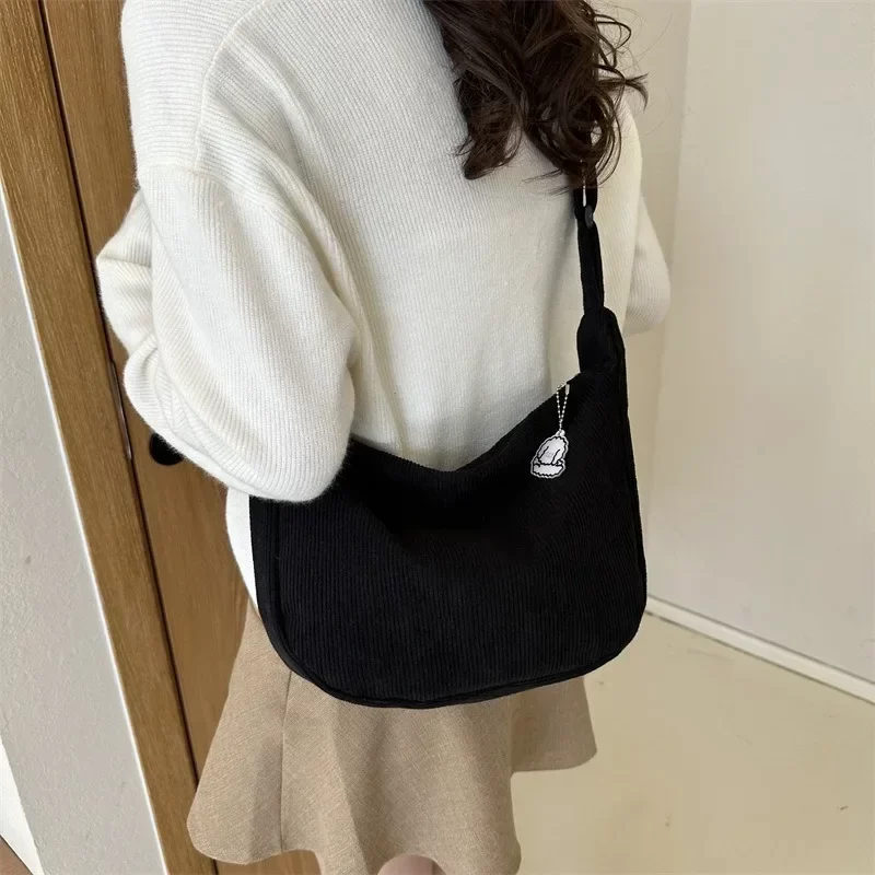 Black Corduroy Bags for Women Japanese Canvas Large Single Shoulder Crossbody Dumpling Bag Student Korean Casual Simple Handbag_4