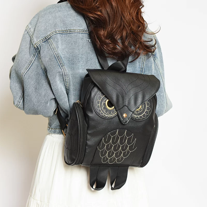 Women Backpack Stylish Cool Black PU Leather Owl Backpack Female Hot Sale Women Bag bagpack for girls_2