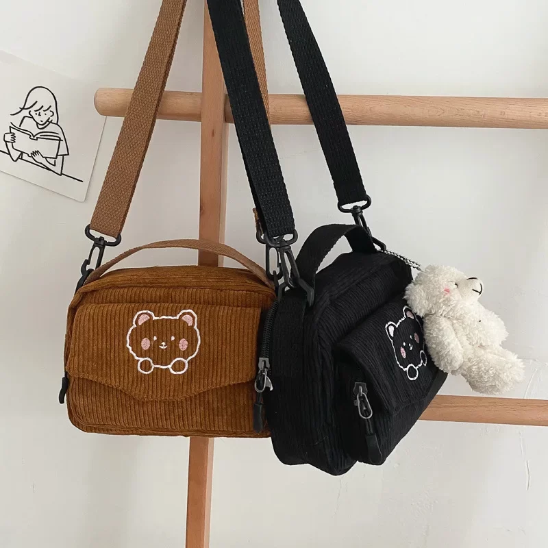 2024 New Fashion Women Corduroy Cartoon Bear Print Shoulder Bags Student Tote Messenger Bag Satchel Travel Handbags_6