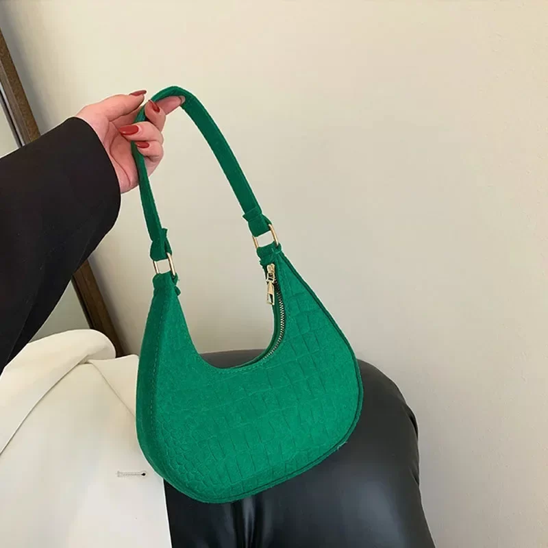 Women Bags Shoulder Retro Leisure Handbag Pure Felt Fashion Underarm Bag Crescent Saddle Bag for Ladies Advanced Armpit Bag 2024_9