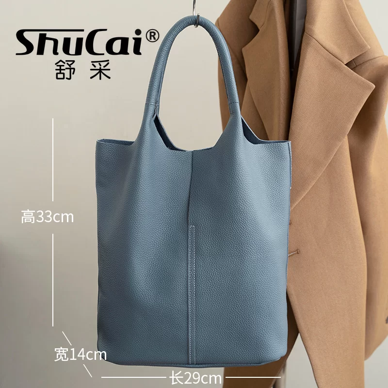 Genuine Leather Commuter Tote Bag Simple Ladies Soft Cowhide Tote Shoulder Handbag Large Capacity Women Bucket Bag 2025 New_3