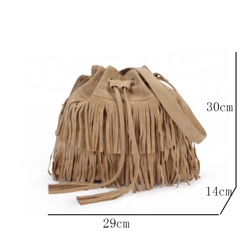 Fashion Retro Faux Suede Fringe Women Messenger Bags Tote New Handbag Tassel Shoulder Handbags Crossbody Bag Tassel Bucket_6