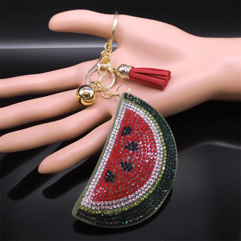 Kawaii Watermelon Full Crystal Key Chain Women Men Alloy Leather Gold Color Fruit Keyring Bag Car Accessories Jewelry K5100S05_3