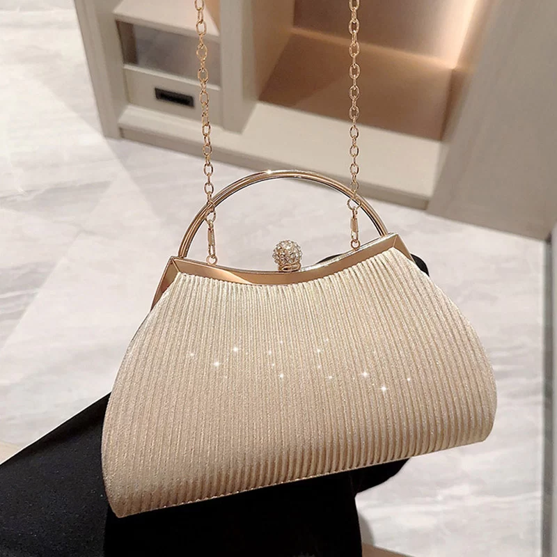 Pleated Evening Handbag Women Top Handle Glitter Day Clutch Ladies Wedding Dinner Dressed Clip Bag Diamond Party Purse Gold_4