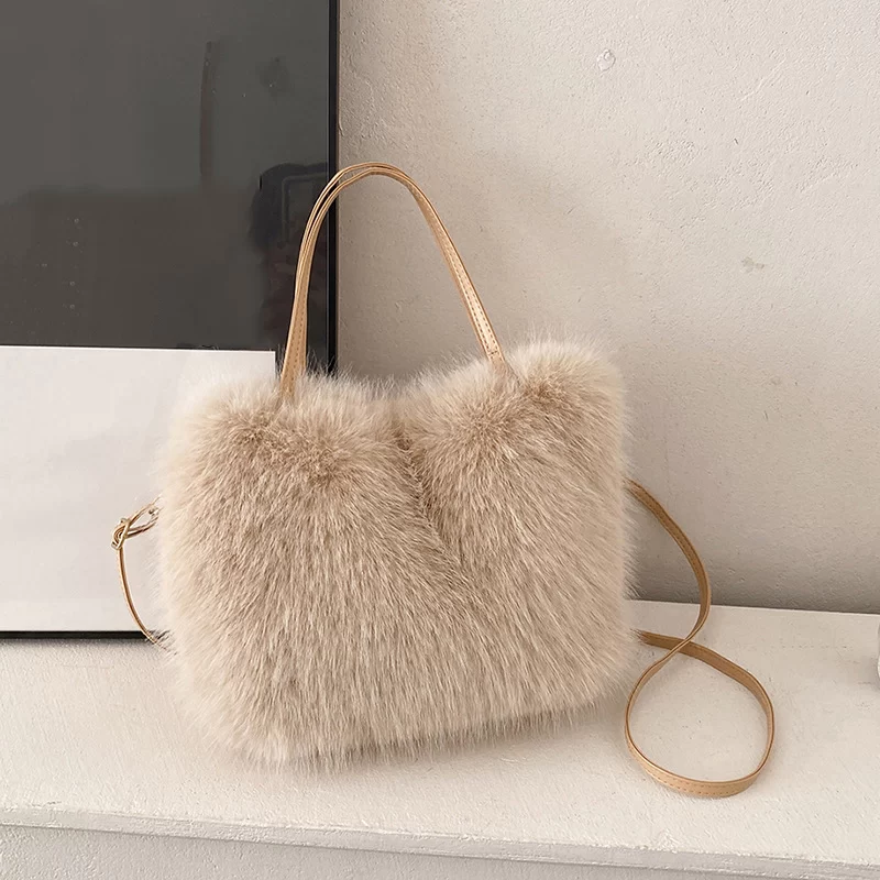 Faux Fur Tote Bag Women's Bucket Plush Luxury Design Ladies Handbags Soft Winter Crossbody Shoulder Bags Bolsa Feminina_9