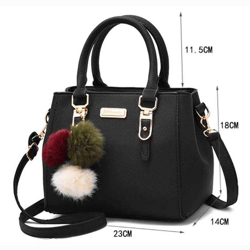 1PC Black Women Handbag Large Capacity PU Leather Lady Shoulder Bag Messenger Bag With Hairball Travel Bag Fashion High Quality_5