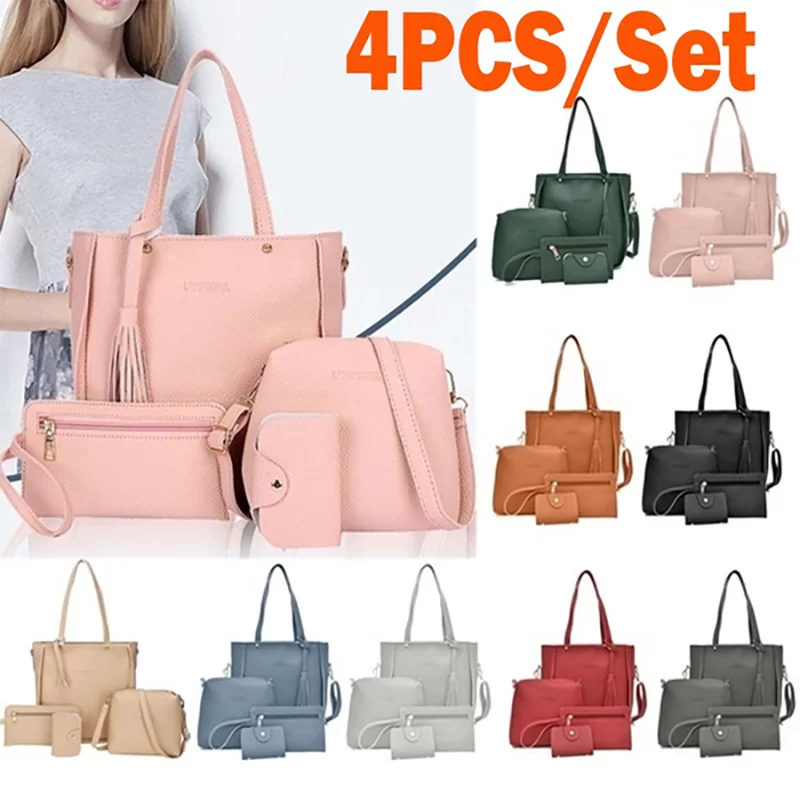 4pcs/set Ladies Leather Bag Set Polyester Shoulder Bag Handbag Messenger Bag Set 9 Colors_2