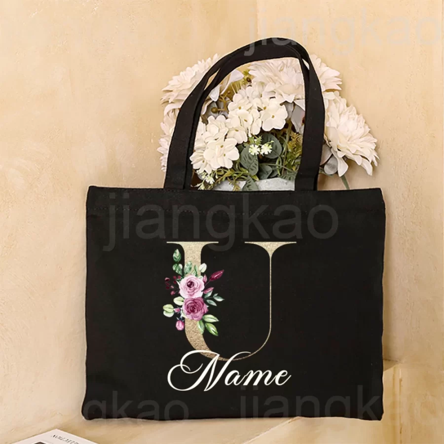 Personalized Initial with Name Tote Bag Women Canvas Shoulder Bags Monogram Shopping Bag Handbags Birthday Wedding Gifts for Her_26