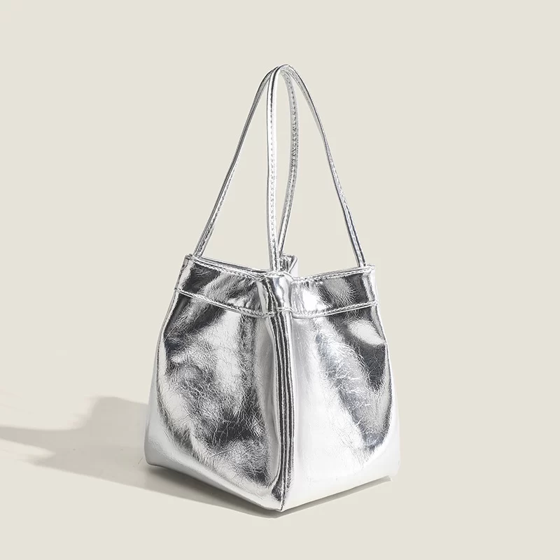 Silver bucket bag for women 2024 new fashionable and simple lunch box bag, niche western-style texture hand-held small bag_2