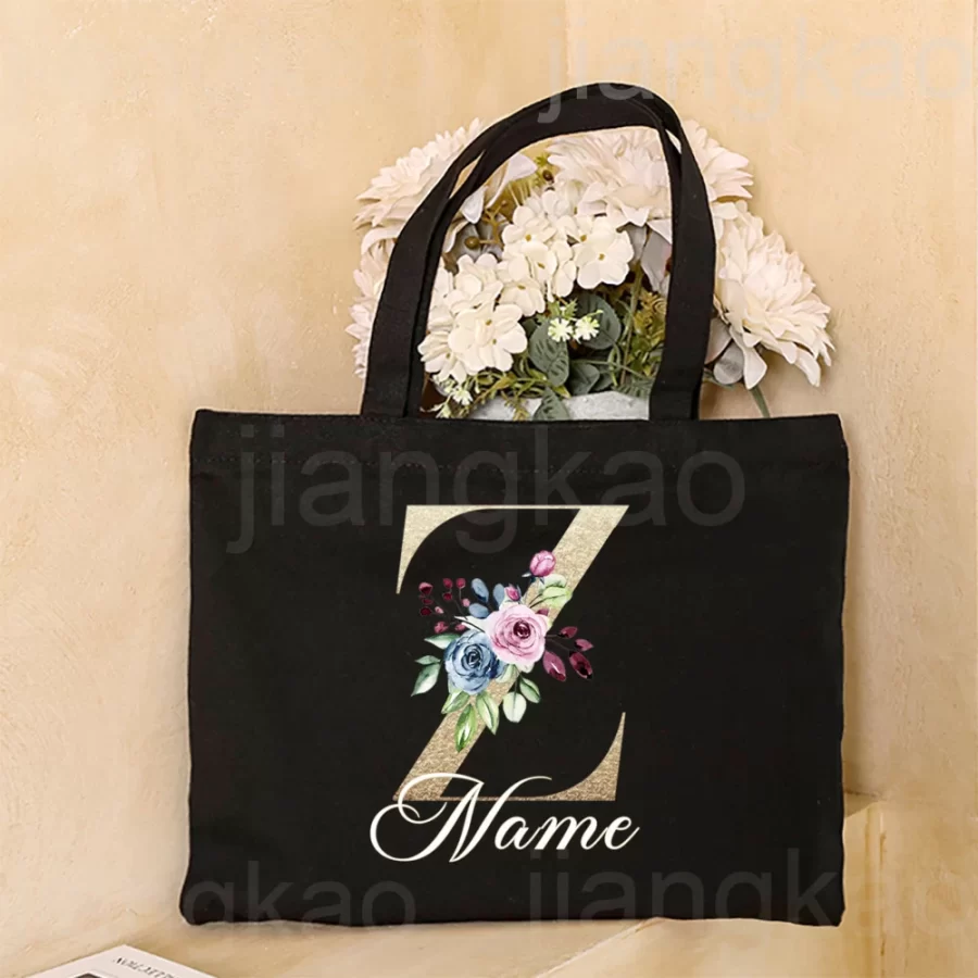 Personalized Initial with Name Tote Bag Women Canvas Shoulder Bags Monogram Shopping Bag Handbags Birthday Wedding Gifts for Her_5