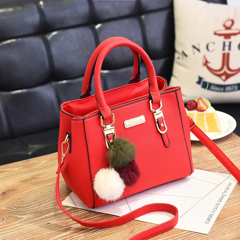 1PC Black Women Handbag Large Capacity PU Leather Lady Shoulder Bag Messenger Bag With Hairball Travel Bag Fashion High Quality_7