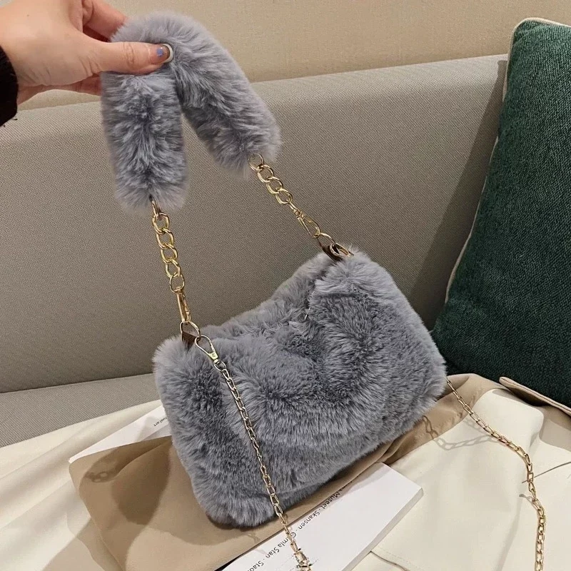 Fashion Women Fluffy Shoulder Bags Female Winter Chain Underarm Bag Solid Color Handbag Soft Plush Handle Bag_10