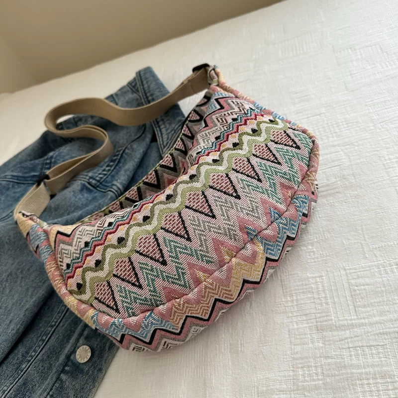 Wave Pattern Design Crossbody Bag for Women New Large Capacity Canvas Shoulder Bag, Versatile College Students Dumplings Bag_5