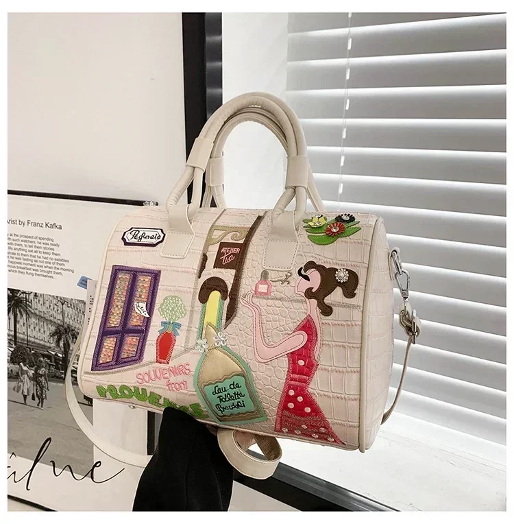 European and American embroidered three-dimensional women's bag new large capacity shoulder  Boston bag trendy crossbody bag_8