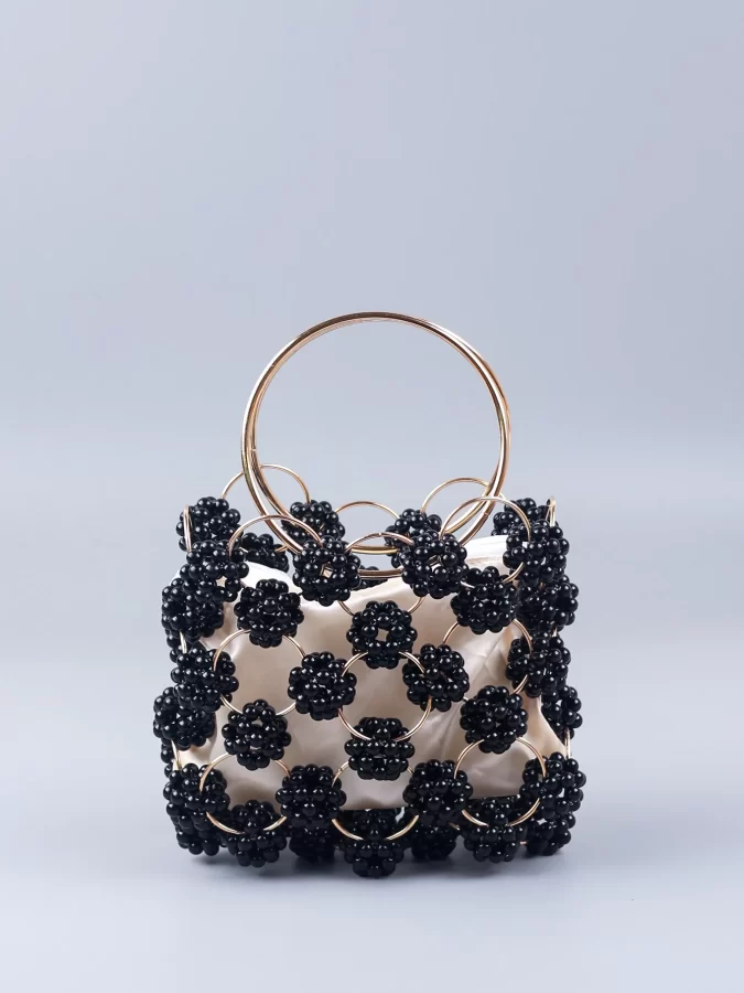 New Black Ball Bag Beaded Handheld Dinner Bag High Quality Women's Hollow Out Bag Fashion Versatile Handheld_1