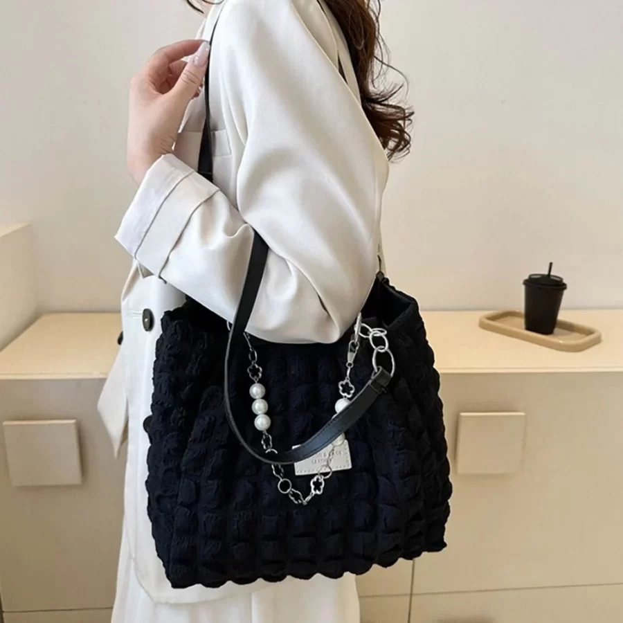 Large Capacity Ladies Tote Bag Fashion Plaid Women's Beaded Chain Shoulder Bags Soft Fabric Commuter Female Handbags Purse_3