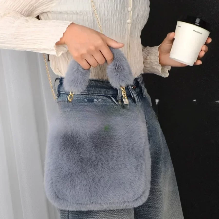 Fashion Women Fluffy Shoulder Bags Female Winter Chain Underarm Bag Solid Color Handbag Soft Plush Handle Bag_5