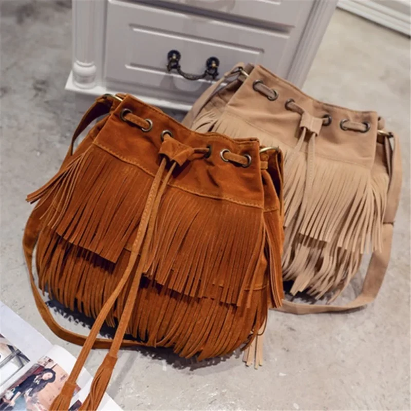 Fashion Retro Faux Suede Fringe Women Messenger Bags Tote New Handbag Tassel Shoulder Handbags Crossbody Bag Tassel Bucket_2