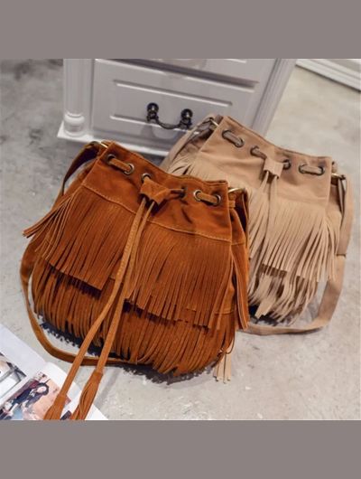 Fashion Retro Faux Suede Fringe Women Messenger Bags Tote New Handbag Tassel Shoulder Handbags Crossbody Bag Tassel Bucket 2