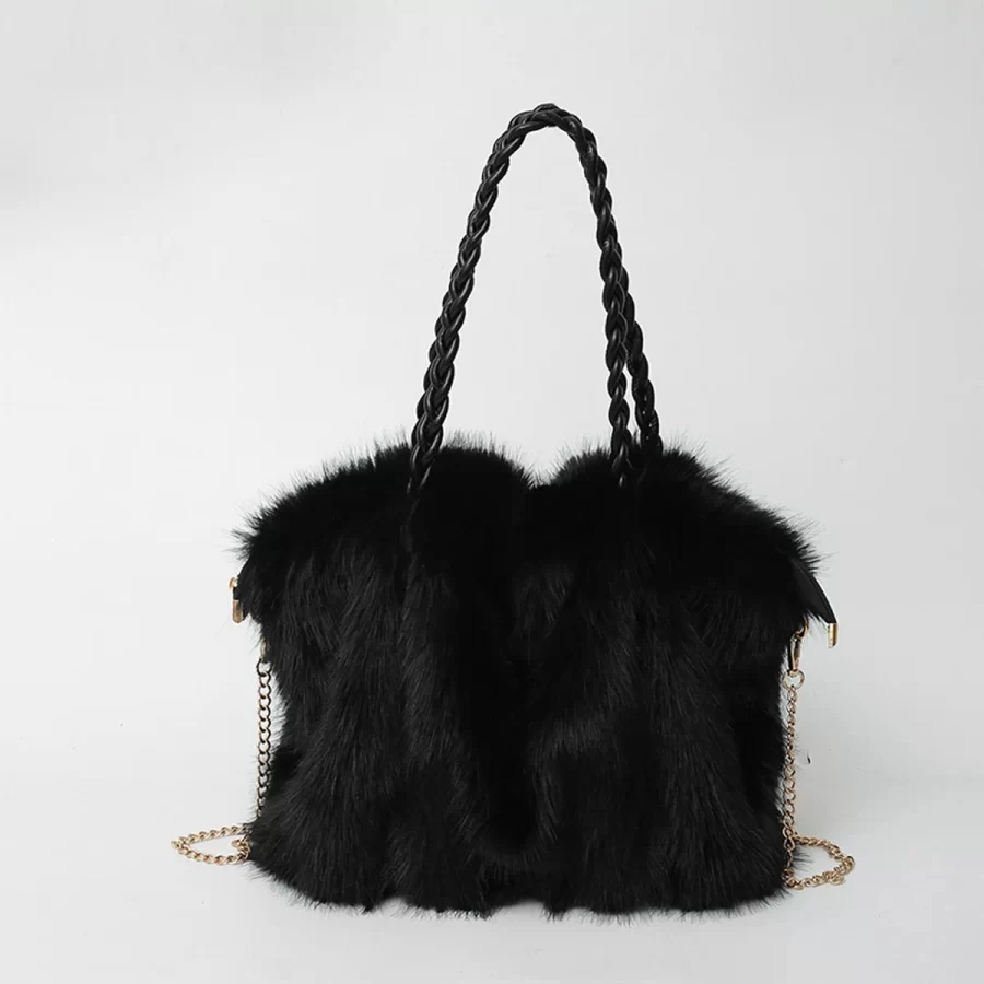 Women's Fashionable Plush Large Capacity Tote Bag High-end Pleated Fox Fur Shoulder Crossbody Bag Commuter Bag with Metal Chain_7