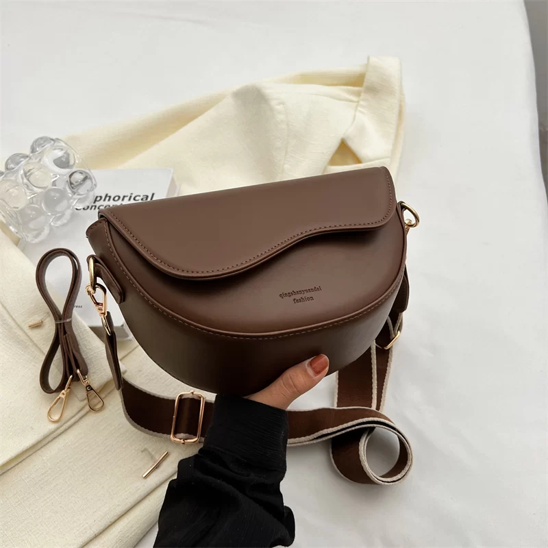 Women Vintage Solid Color Flap Small Saddle Shoulder Underarm Bag Fashion PU Leather Wide Strap Crossbody Bag_11