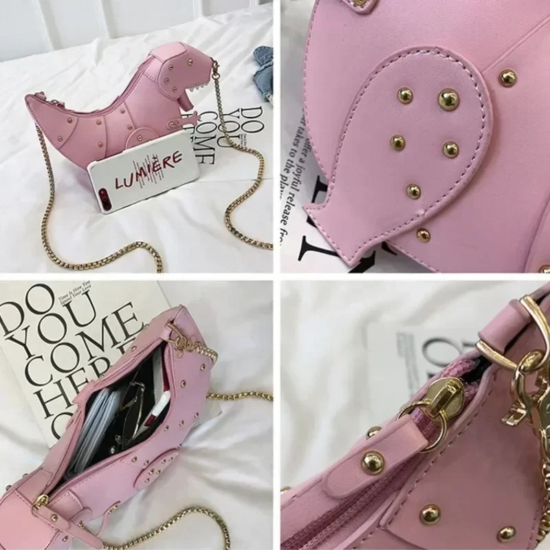 Trend Fashion 3D Dinosaur Design Rivets Pu Leather Girl's Chain Purse Shoulder Bag Tote Ladies Crossbody Mini Messenger Bag Flap_6