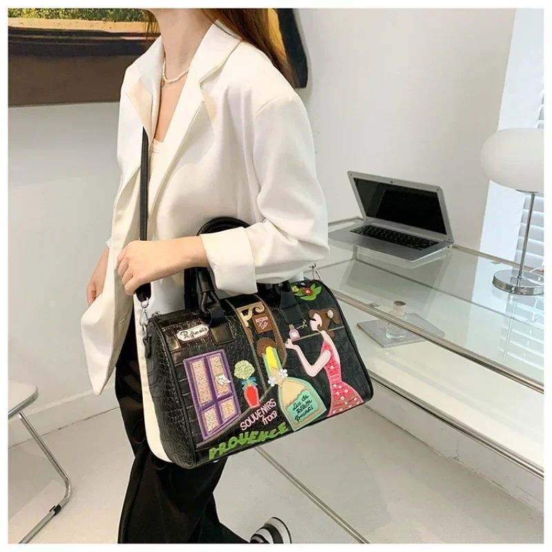 European and American embroidered three-dimensional women's bag new large capacity shoulder  Boston bag trendy crossbody bag_4