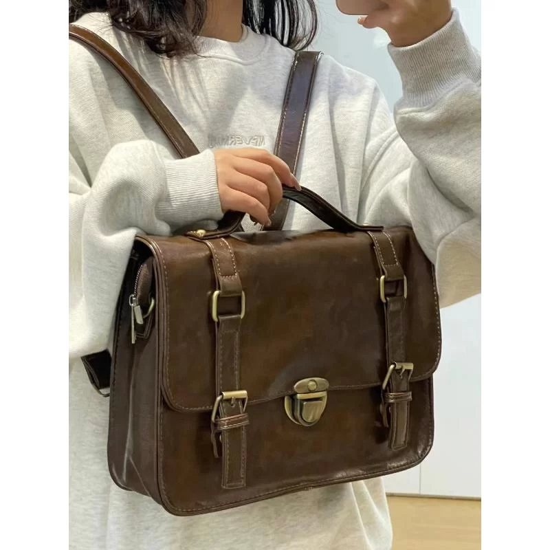 Vintage Female Leather Messenger Bag Women Large Capacity Shoulder Crossbody Bags Student School Bags Fashion Commuter Backpacks_2