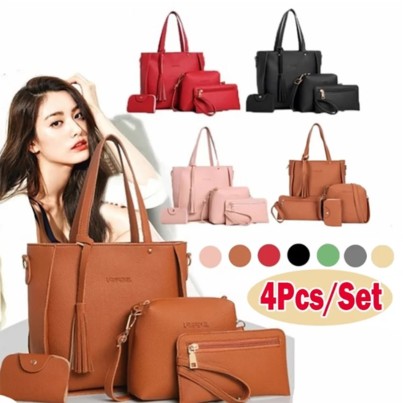 4pcs/set Ladies Leather Bag Set Polyester Shoulder Bag Handbag Messenger Bag Set 9 Colors_1