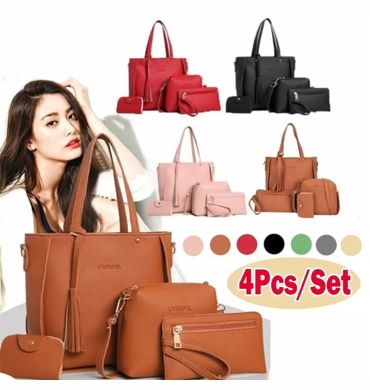 4pcs/set Ladies Leather Bag Set Polyester Shoulder Bag Handbag Messenger Bag Set 9 Colors