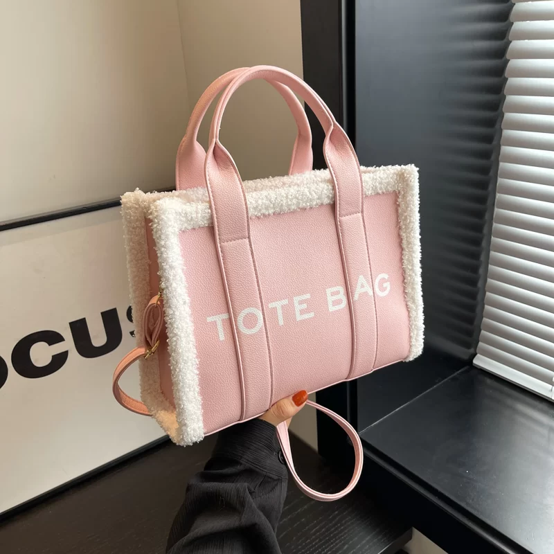 Trendy Casual Solid Color Plush Edge Decoration Women's Handbag Quilted Letter Print Zipper Female Crossbody Bag For Outings_10