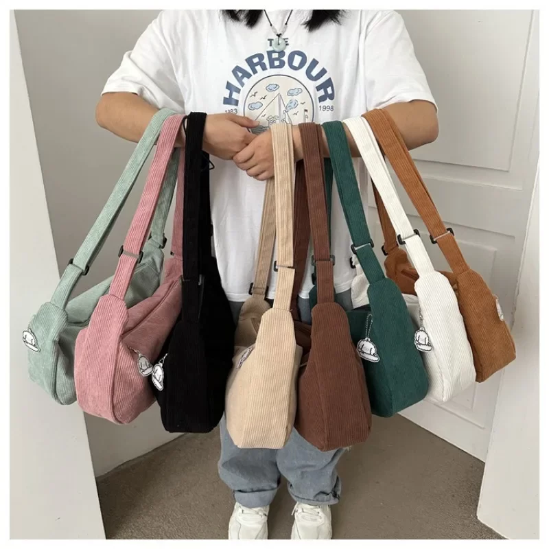 Fashion Women Canvas Shoulder Bags Korean Fashion Female Messenger Crossbody Bag for Girl Students Corduroy Solid Cloth Handbags_3