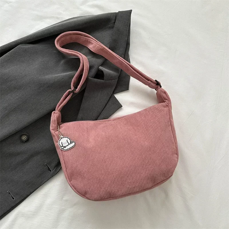 Black Corduroy Bags for Women Japanese Canvas Large Single Shoulder Crossbody Dumpling Bag Student Korean Casual Simple Handbag_14