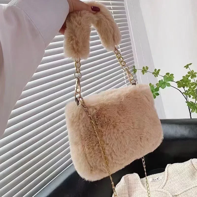 Fashion Women Fluffy Shoulder Bags Female Winter Chain Underarm Bag Solid Color Handbag Soft Plush Handle Bag_8