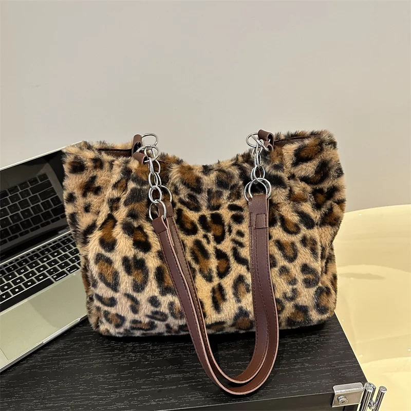 National Style Simple Women Leopard Tote Bag Lady Luxury Fluffy Shoulder Bag Chain Large Capacity Commuter Handle Bag_7